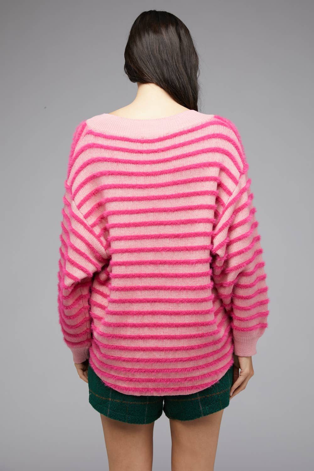 Plus Magenta Fuzzy Stripe V-Neck Knit Top