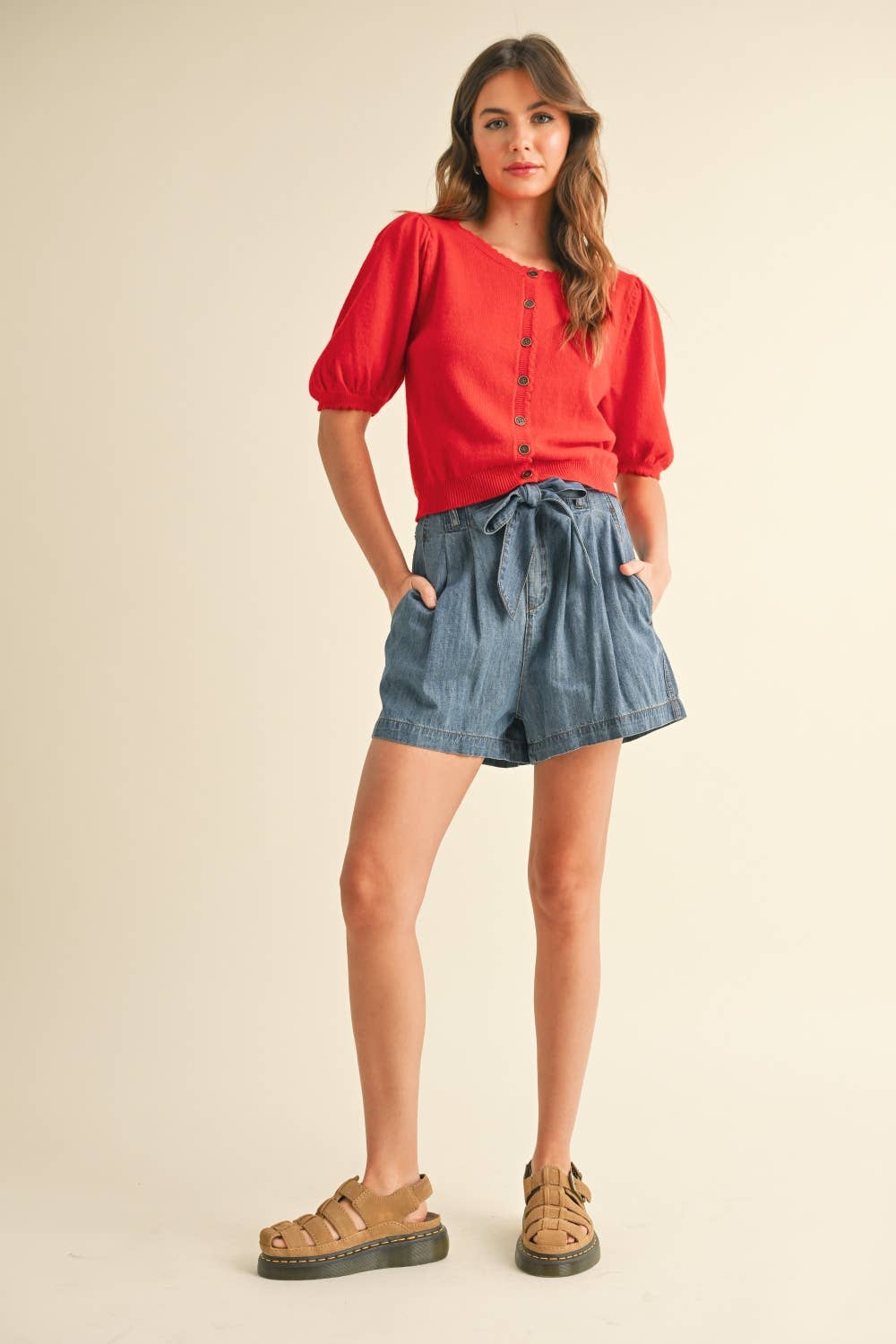 Red Puff Short Sleeve Knit Cardigan