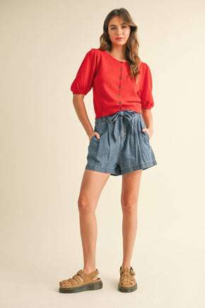 Red Puff Short Sleeve Knit Cardigan