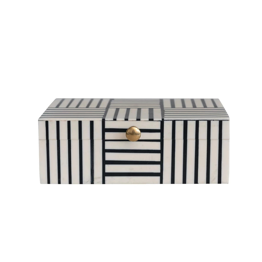 Black & White Resin Box With Striped Block Pattern & Gold Knob