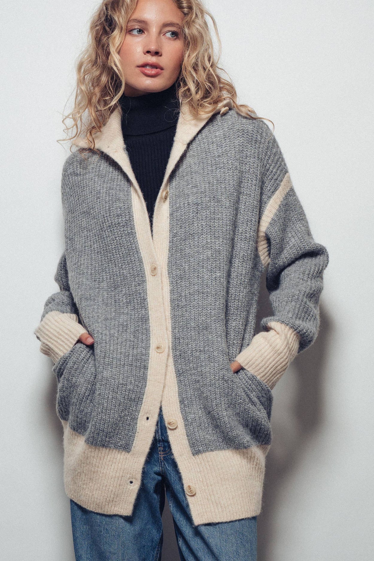Grey Contrast Trim Collared Sweater Cardigan