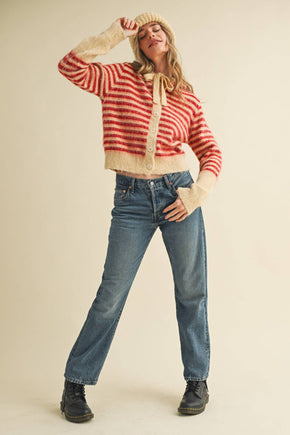 Cream Red Striped Hoodie Sweater Cardigan