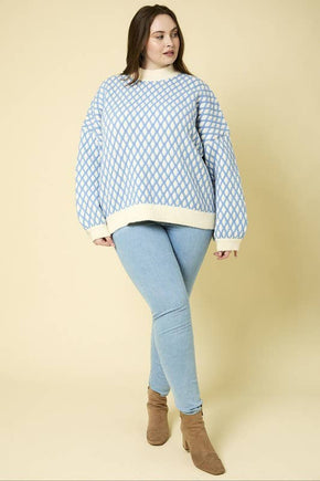 Plus White & Blue Mock Neck Sweater