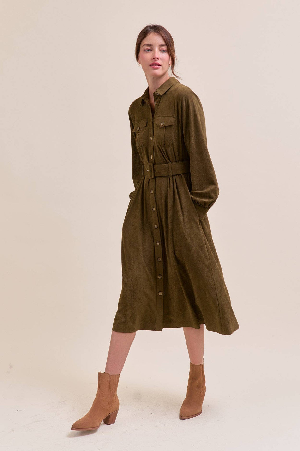 Olive Suede Shirt Dress
