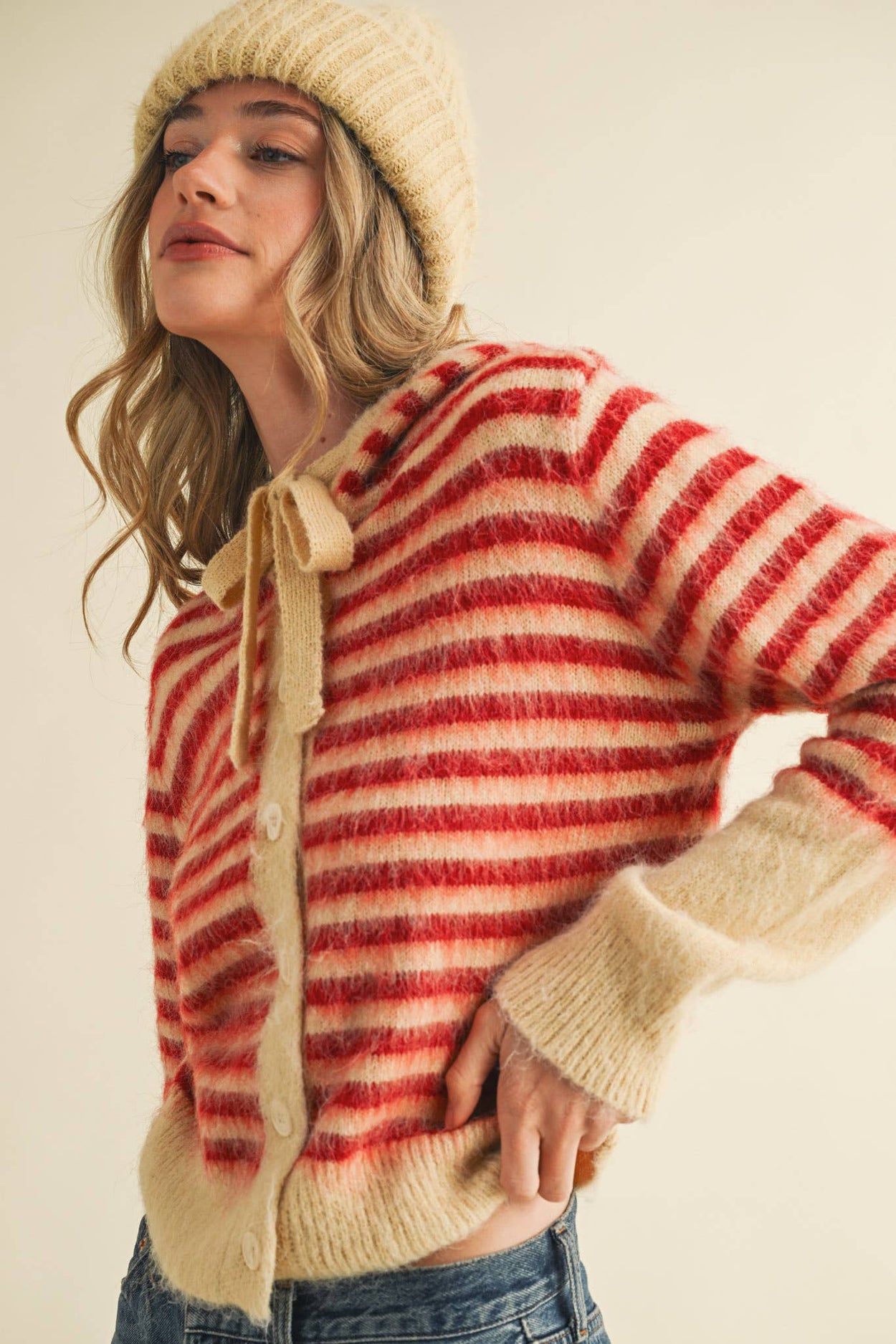 Cream Red Striped Hoodie Sweater Cardigan