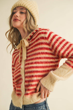 Cream Red Striped Hoodie Sweater Cardigan