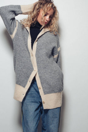 Grey Contrast Trim Collared Sweater Cardigan