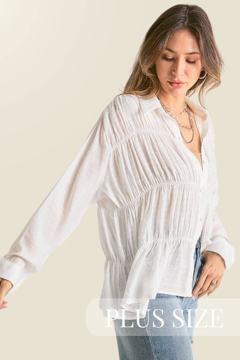 Plus Ruched Button Up Blouse