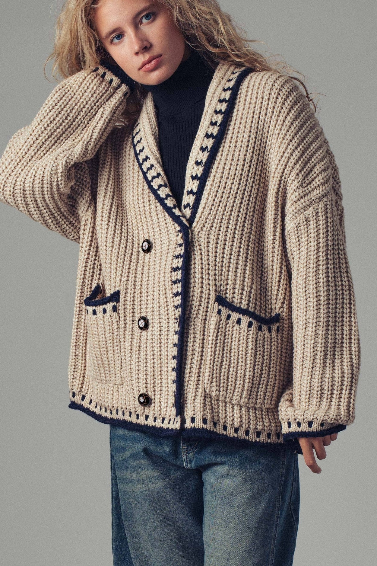 Taupe Chunky Knit Oversized Contrast Cardigan