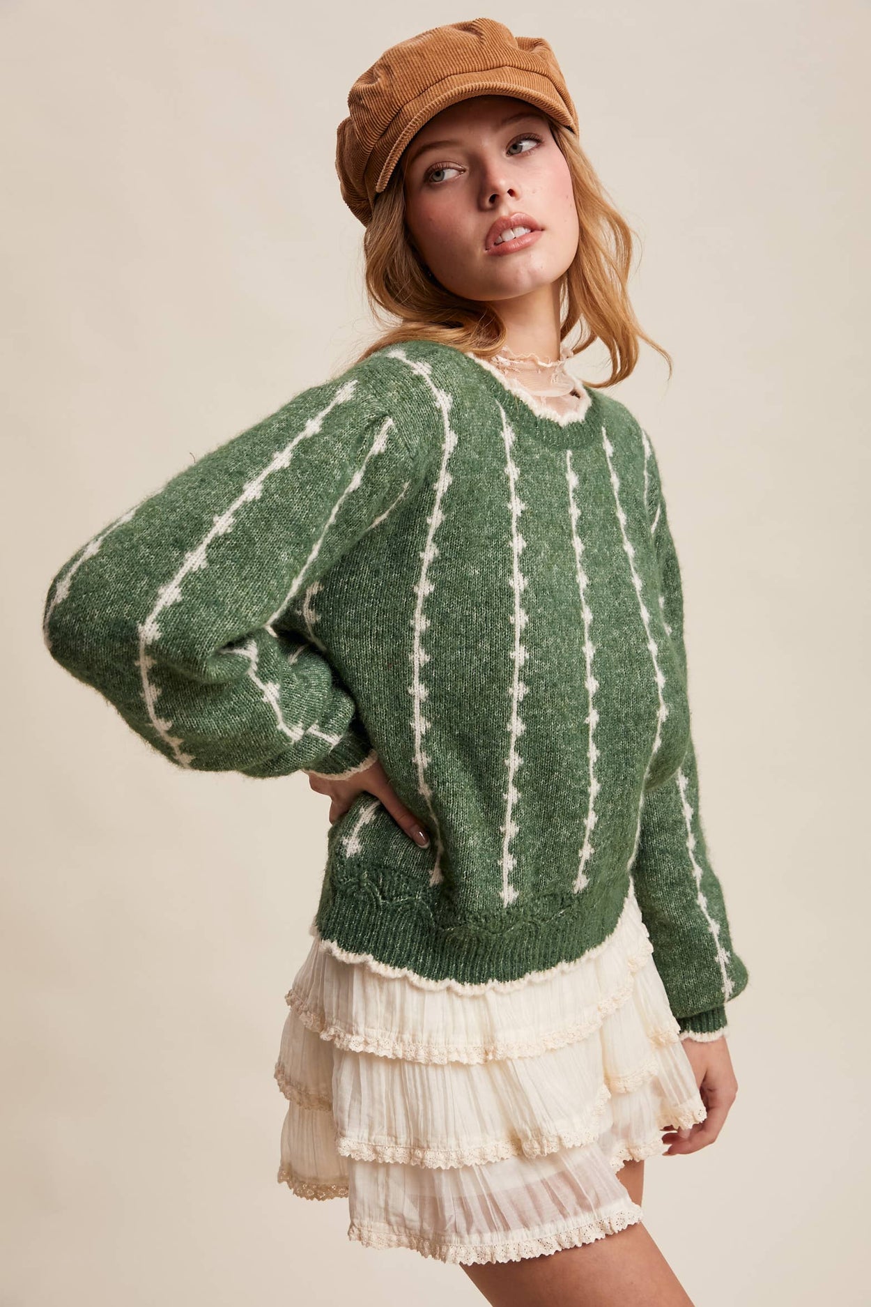 Green Textured Jacquard Knit Crew Sweater