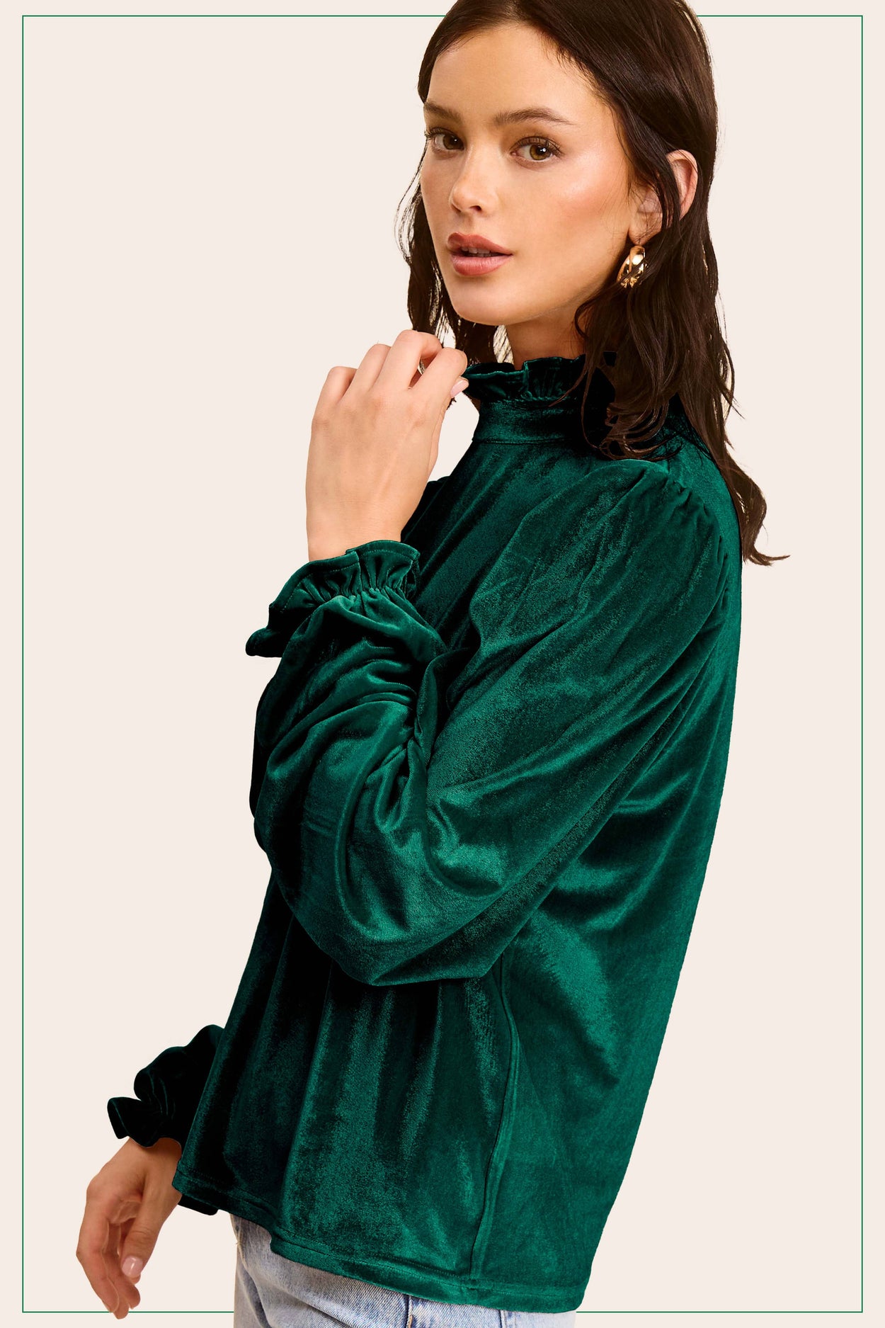 Emerald Soft Velvet Long Puff Sleeve Blouse Holiday Top