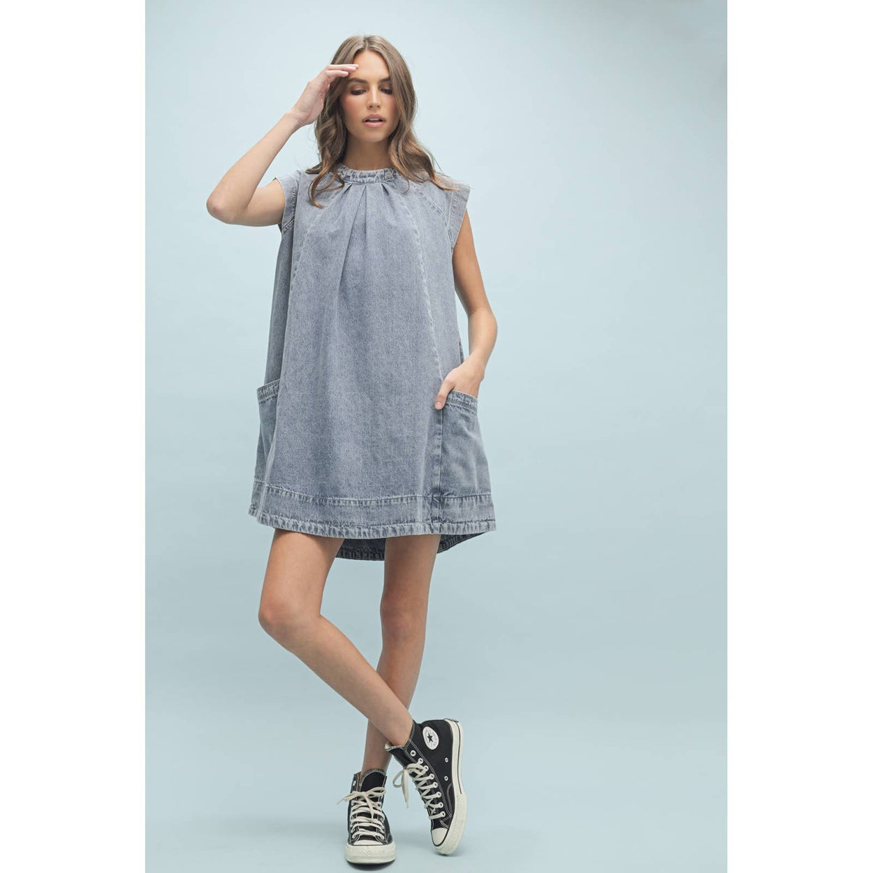 Denim Pleated Detail Mini Dress