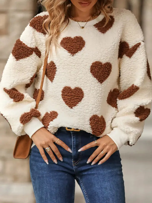 Heart Print Sherpa Pullover Top Pre-Order