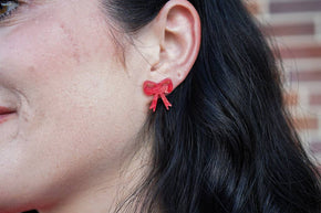 Red Shimmer Bow Studs