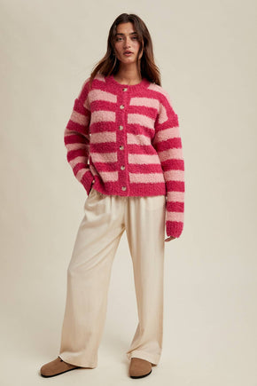 Pink Brushed Striped Button Up Cardigan