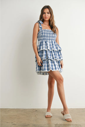 Blue Tie Strap Tiered Dress