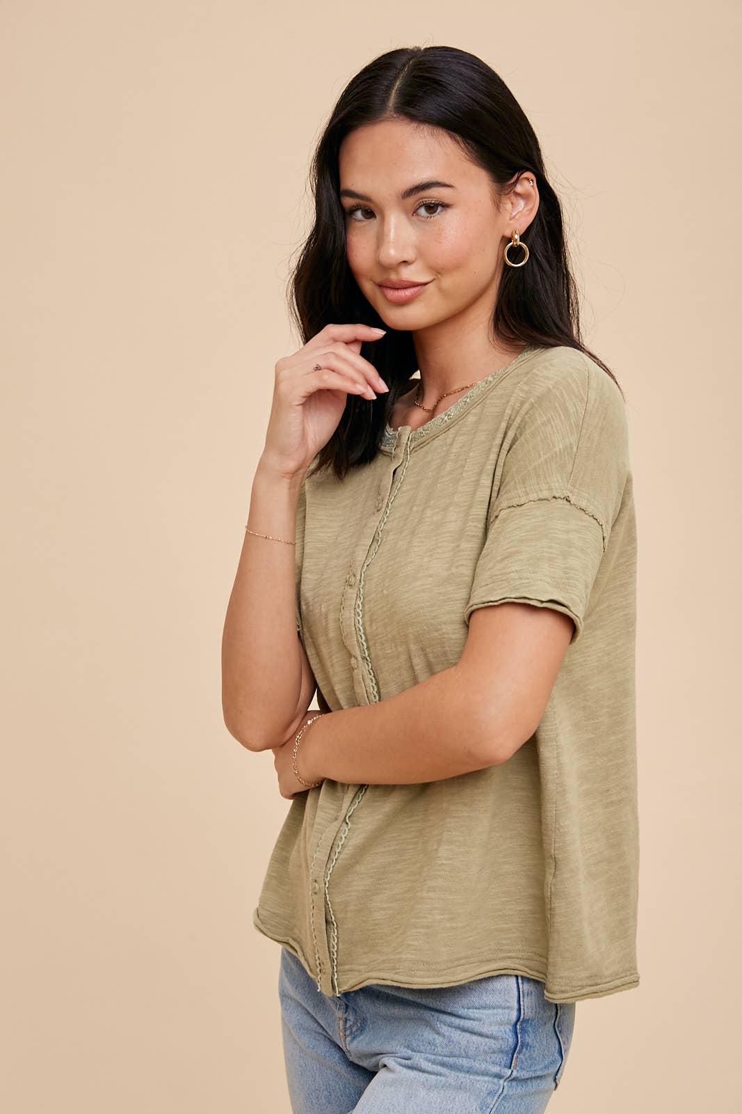 Button Front Lace Trim Top