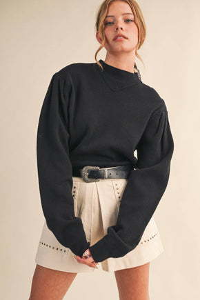 Black Mock Neck Puff Sleeve Sweater