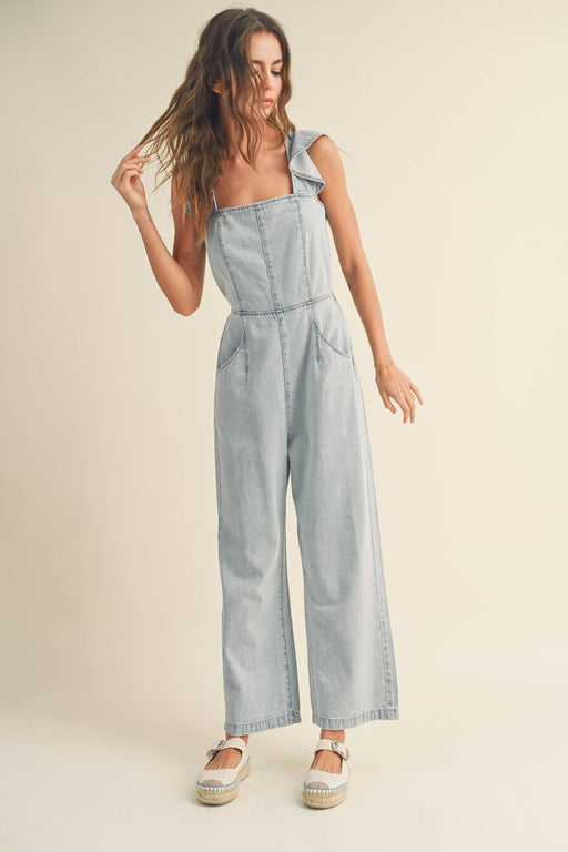 Ruffled Sleeve Denim Jumpsuit