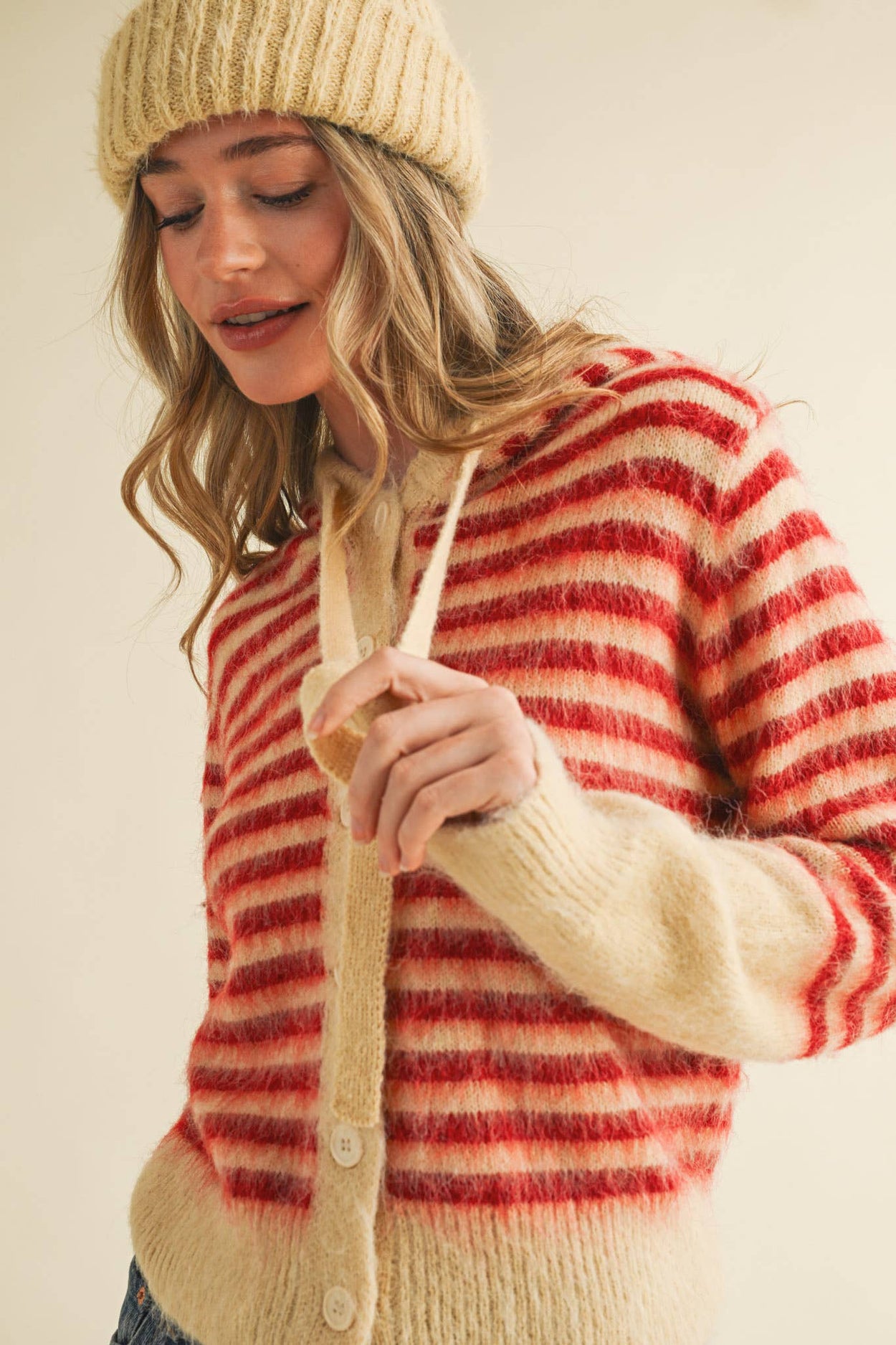Cream Red Striped Hoodie Sweater Cardigan