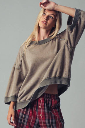 Olive Oversized Seam Detail Pullover Top