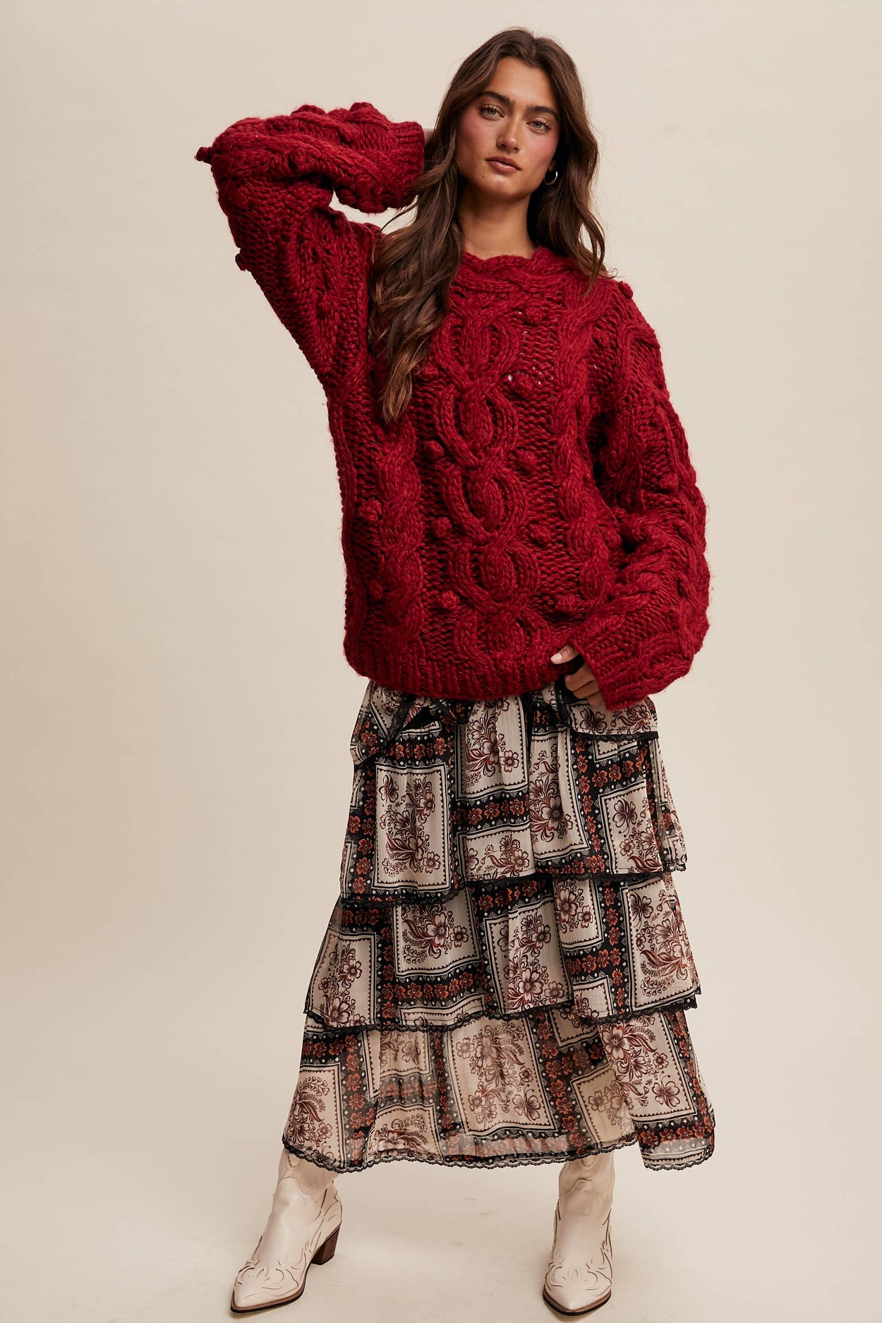 Red Chunky Cable Knit Sweater