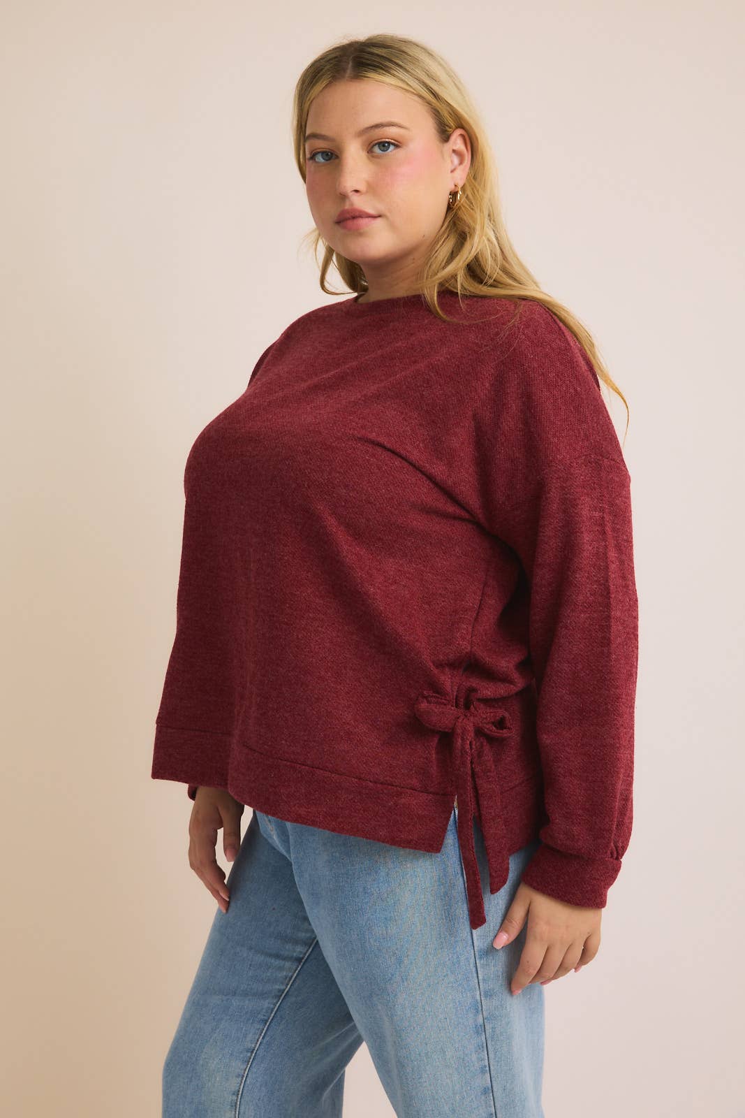 Plus Burgundy Long Sleeve Side Ribbon Tie Top