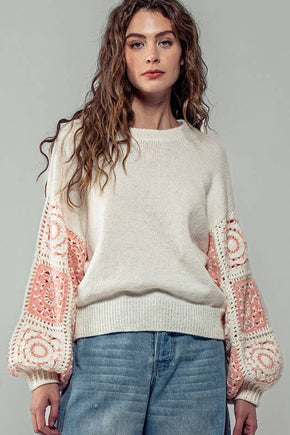 Ivory Quilt Blocked Sleeve Crewneck Sweater