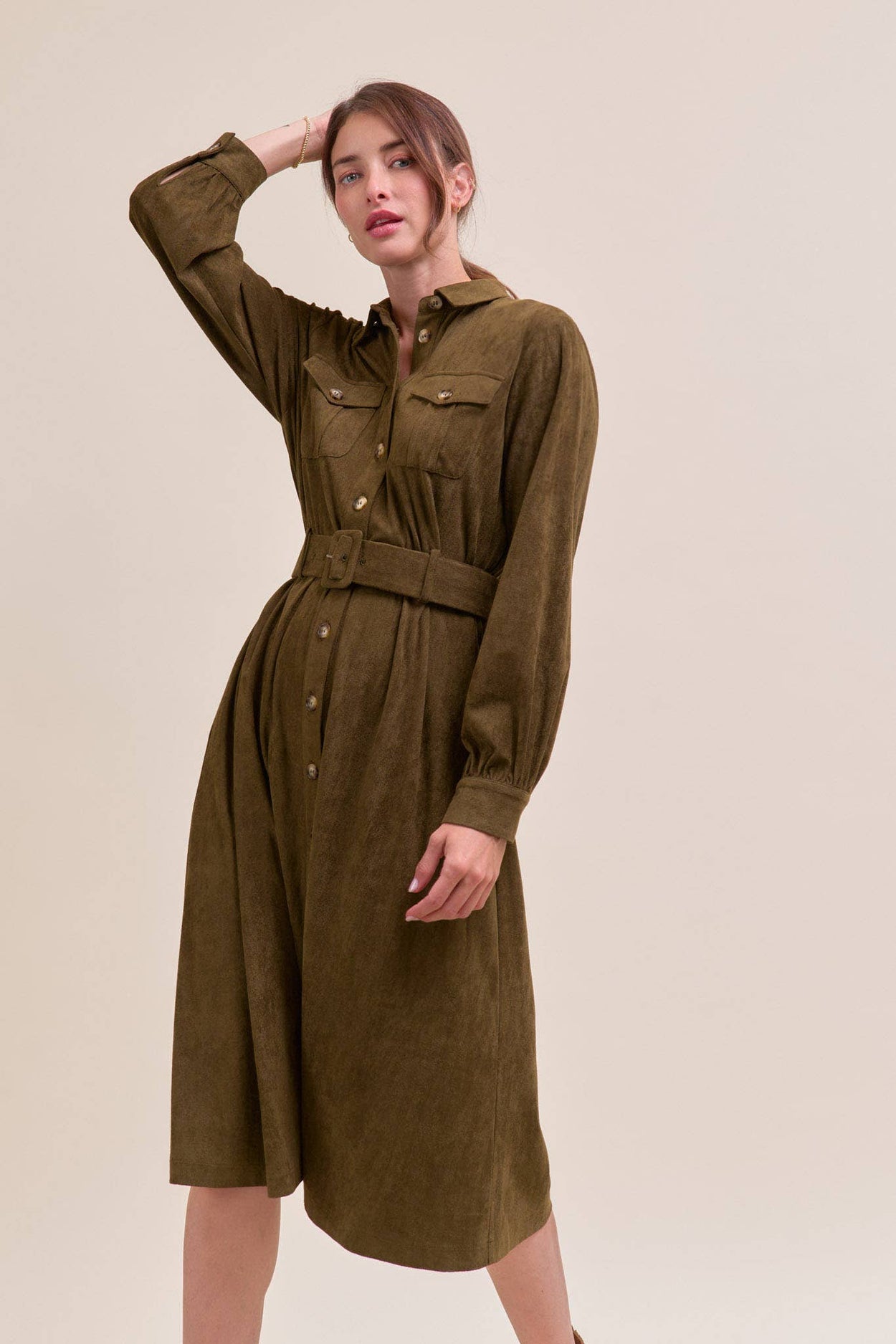 Olive Suede Shirt Dress