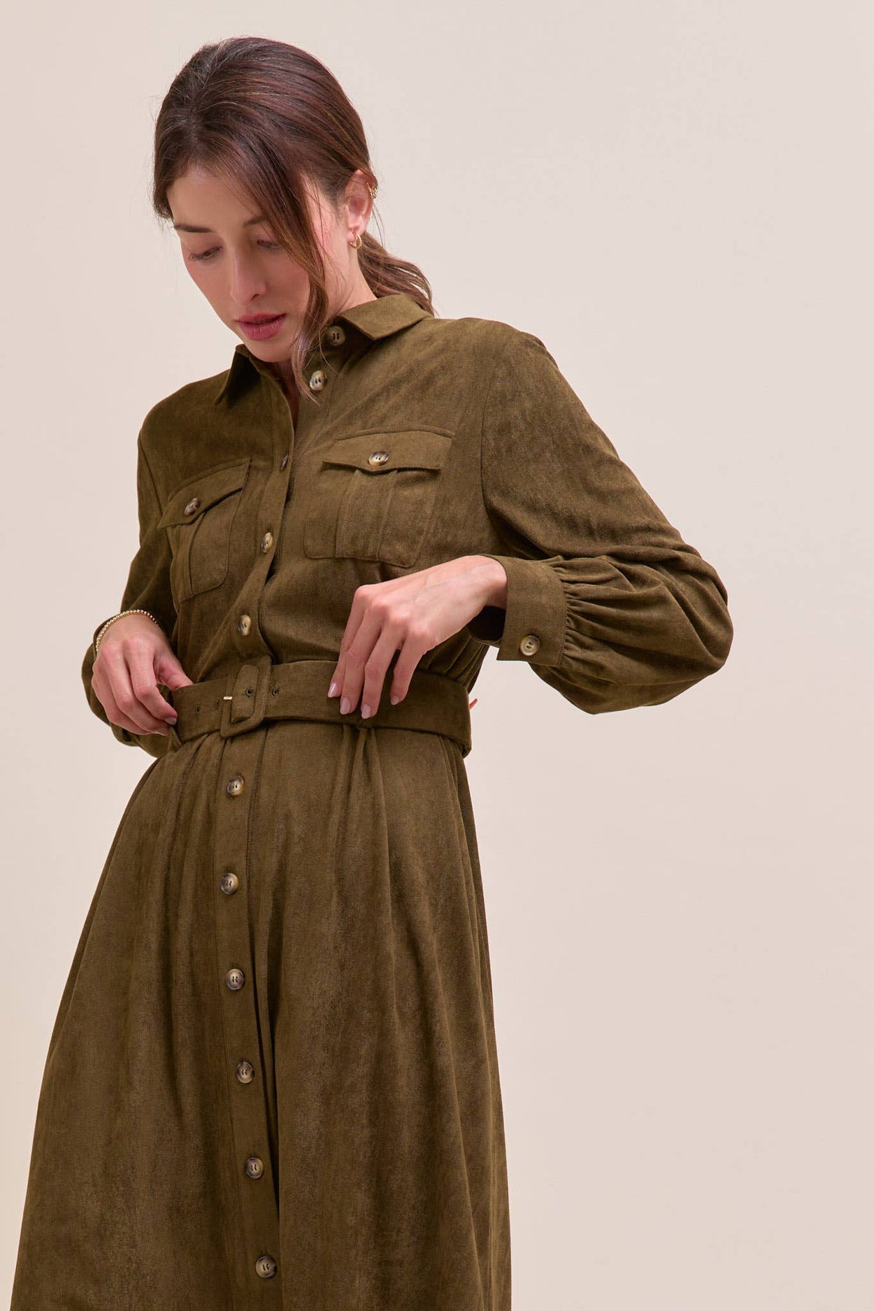 Olive Suede Shirt Dress