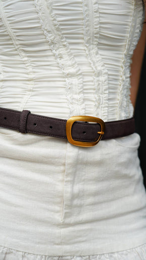 Chocolate Suede Belt With Organic Shape Buckle