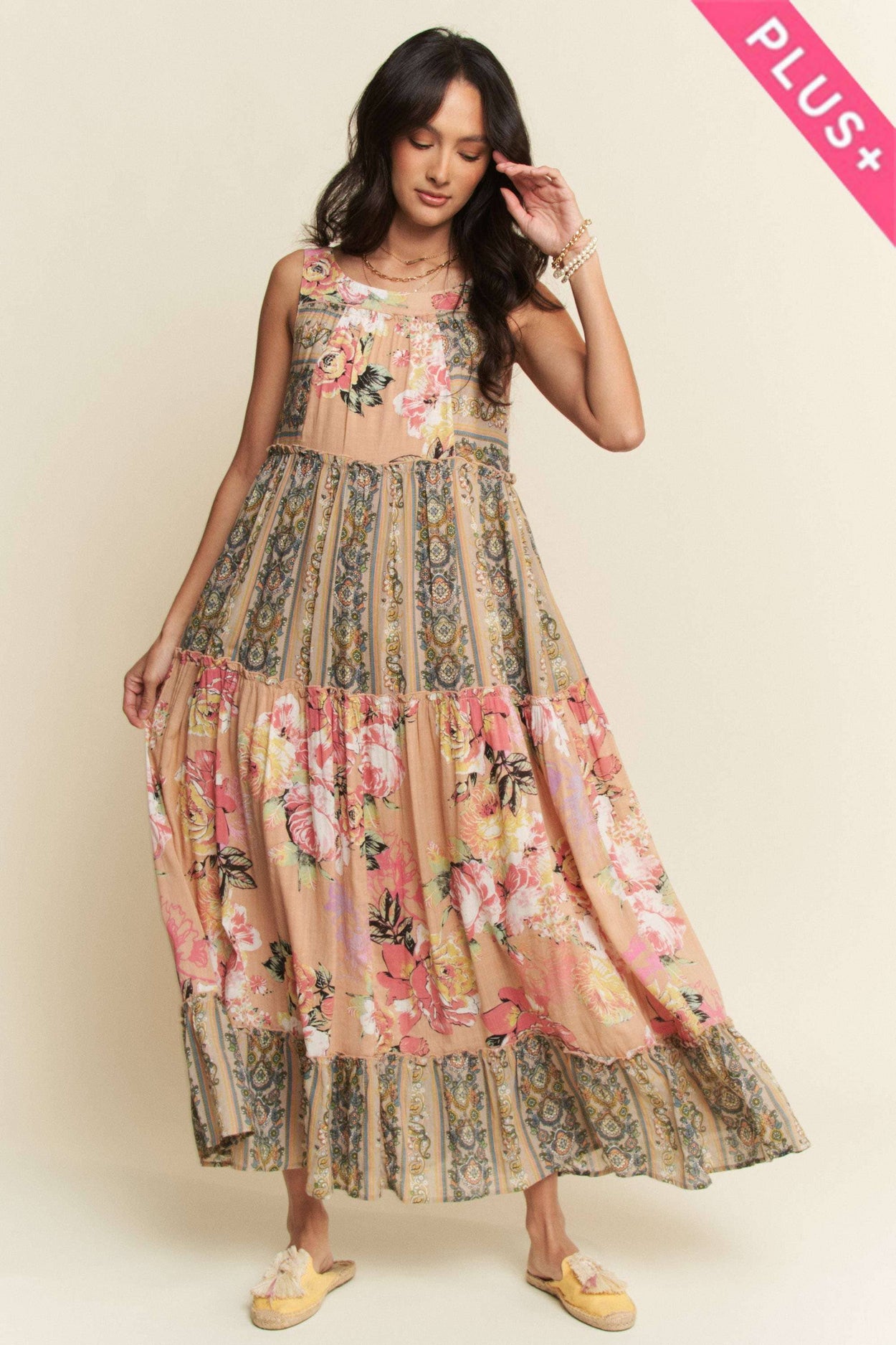 Plus Floral Boho Mixed Stripe Maxi Dress