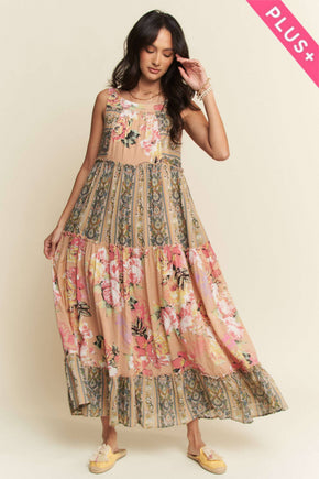 Plus Floral Boho Mixed Stripe Maxi Dress