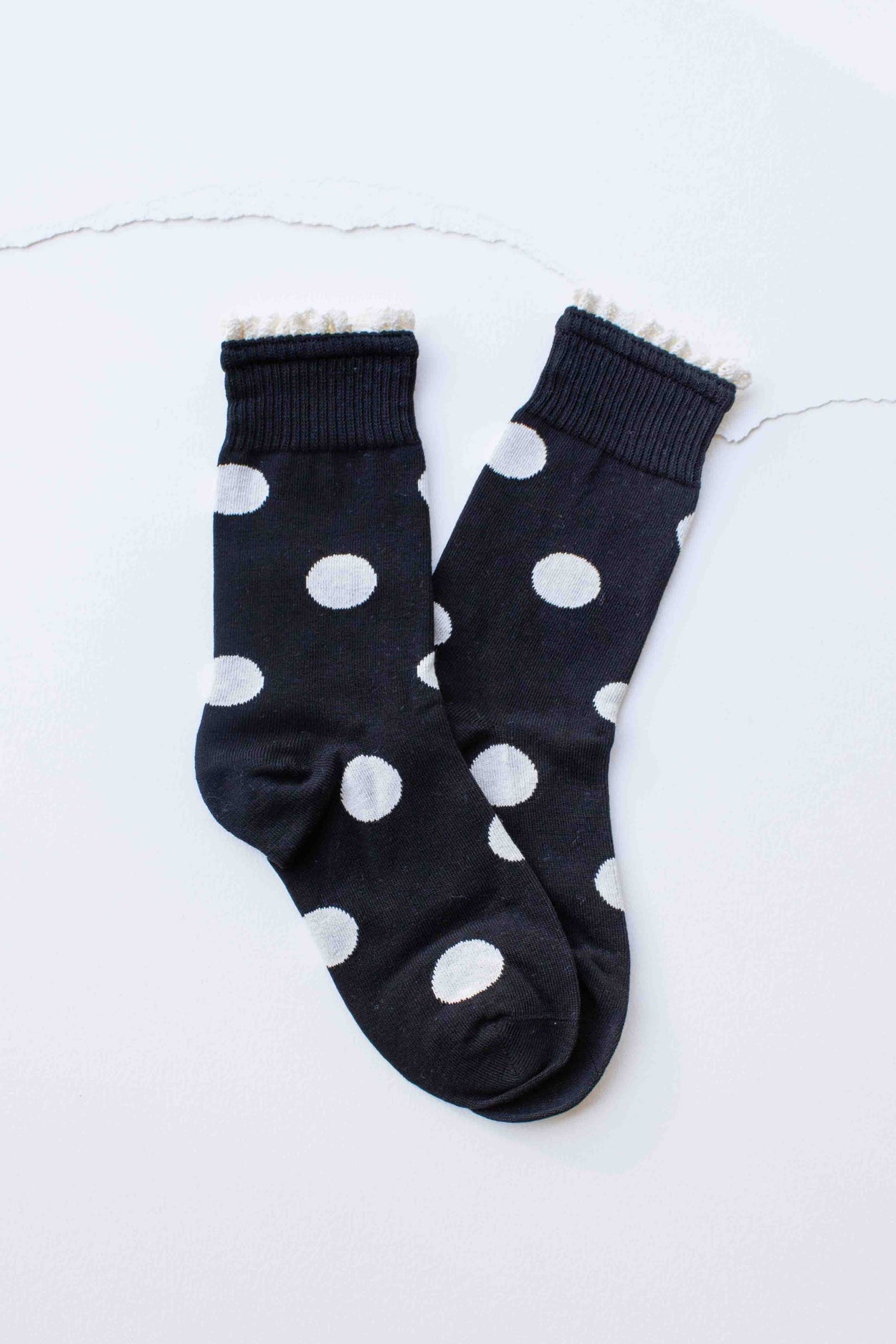 Cream Polka Dot Ruffle Trim Crew Socks
