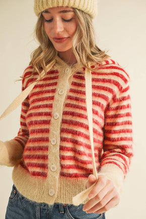 Cream Red Striped Hoodie Sweater Cardigan