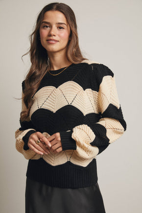 Black Wave Knit Chevron Pullover