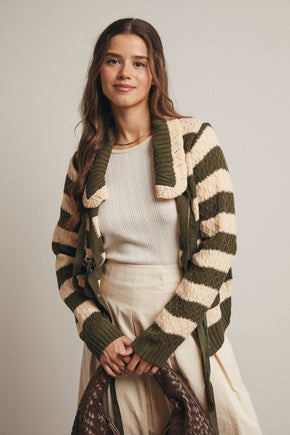 Dark Olive Striped Knit Peter Pan Collar Cardigan