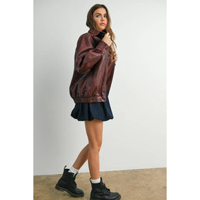 Wine Collared Zip-Front Leather Jacket