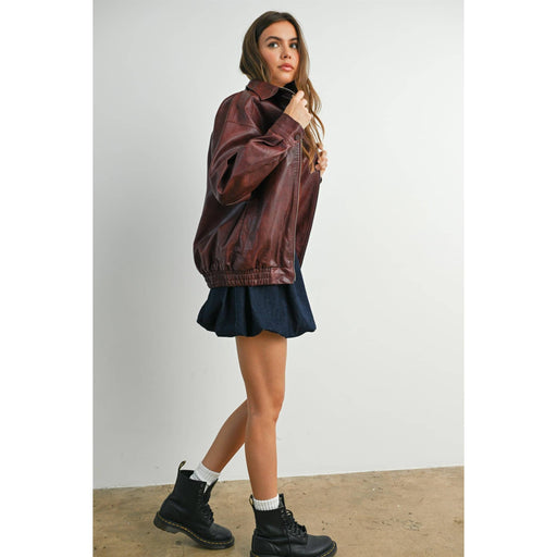 Wine Collared Zip-Front Leather Jacket