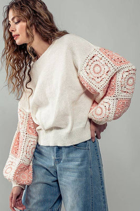 Ivory Quilt Blocked Sleeve Crewneck Sweater