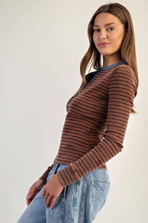 Cinnamon Snow Wash Two Tone Button Down Top