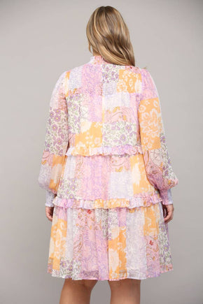 Plus Patchwork Chiffon Mock Neck Dress