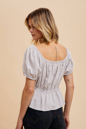 Stonewash Pin Tuck Peplum Peasant Blouse