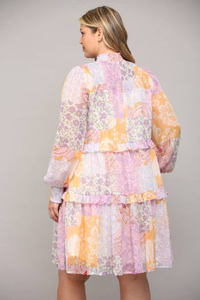 Plus Patchwork Chiffon Mock Neck Dress