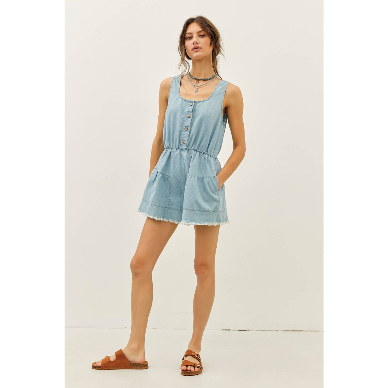 Denim Romper With Distressed Detailing