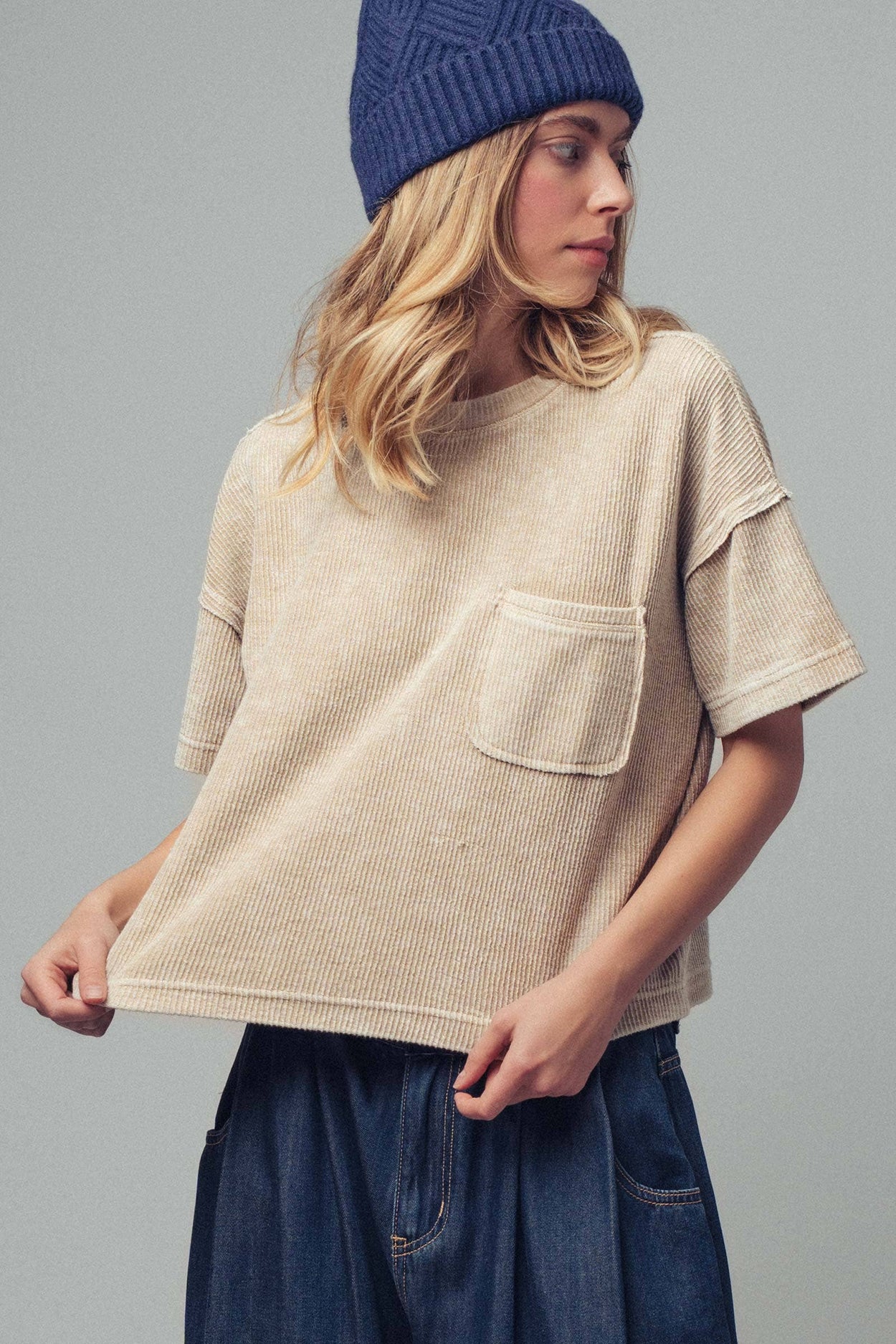 Khaki Boxy Corduroy Pocket T-Shirt