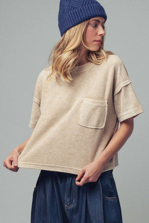 Khaki Boxy Corduroy Pocket T-Shirt