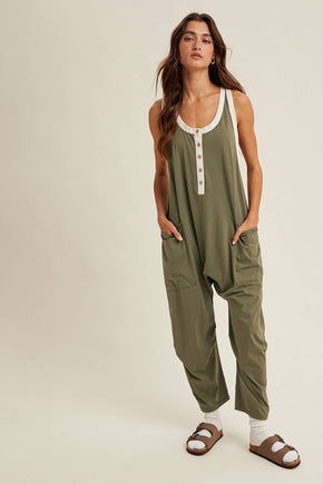 Olive Button-Up Cami Jumpsuit