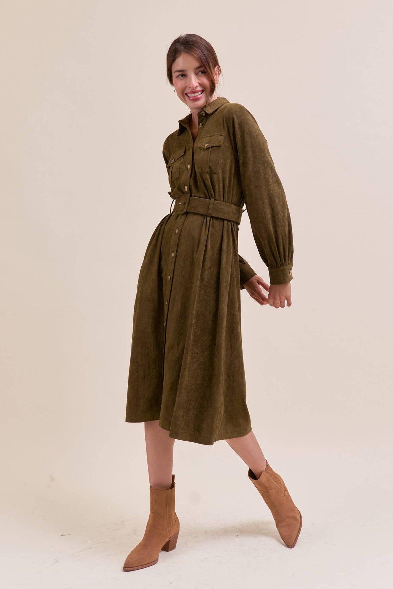 Olive Suede Shirt Dress