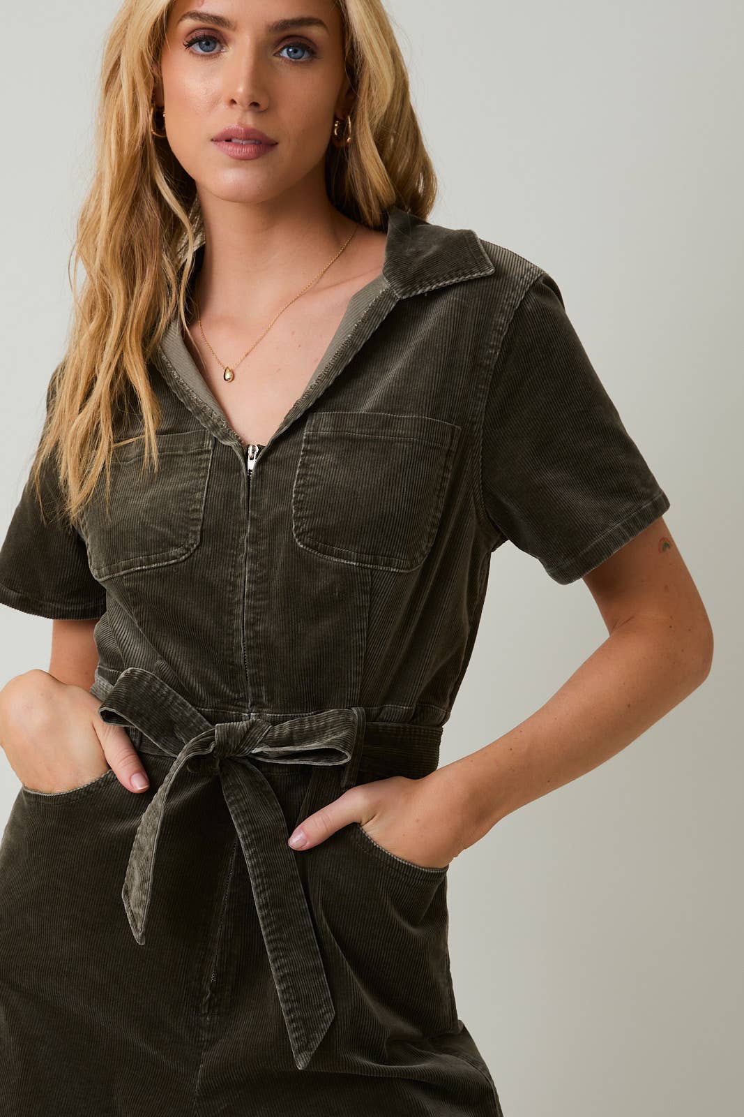 Olive Half Sleeve Sip Up Utility Jumpsuit